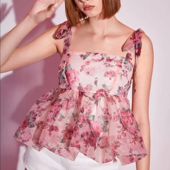 Floral Print Tie Shoulder Peplum Organza Cami Top - Picture 3 of 3